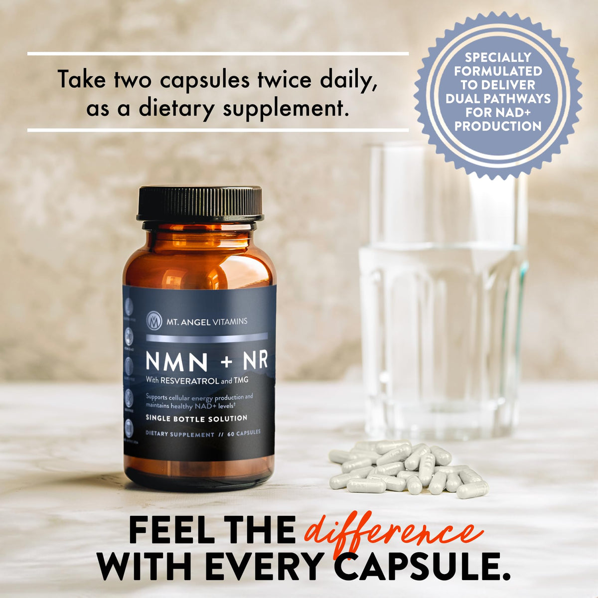 Mt. Angel Vitamins NMN Supplement + NR with Resveratrol & TMG, Dual NAD+ Precursors for Cellular Energy & Healthy Aging, 60 Capsules - PrimeBioHealth - canada supplements