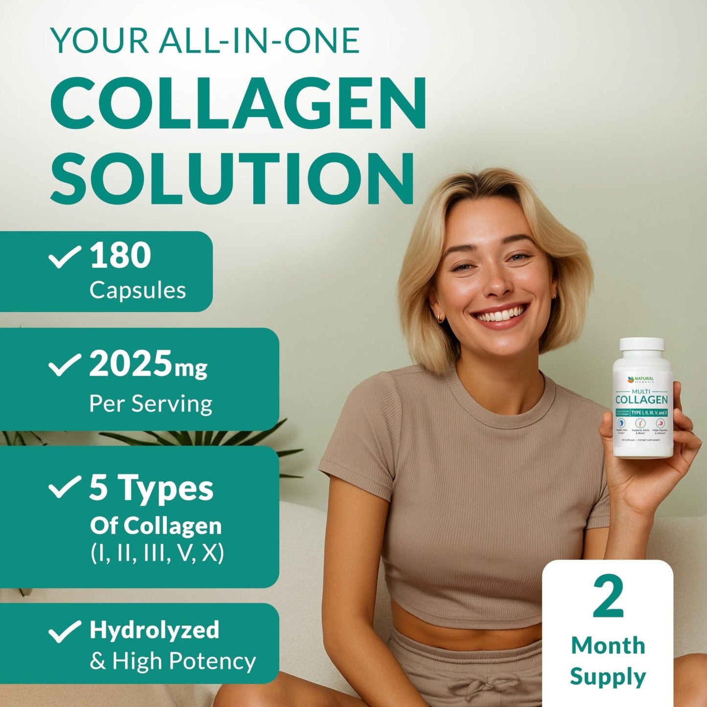 Multi Collagen 180 Protein Capsules - Type I, II, III, V, X Collagen Pills - Proprietary Blend of Eggshell, Chicken, Wild Fish & Grass-Fed - PrimeBioHealth - canada supplements