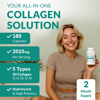 Multi Collagen 180 Protein Capsules - Type I, II, III, V, X Collagen Pills - Proprietary Blend of Eggshell, Chicken, Wild Fish & Grass-Fed - PrimeBioHealth - canada supplements