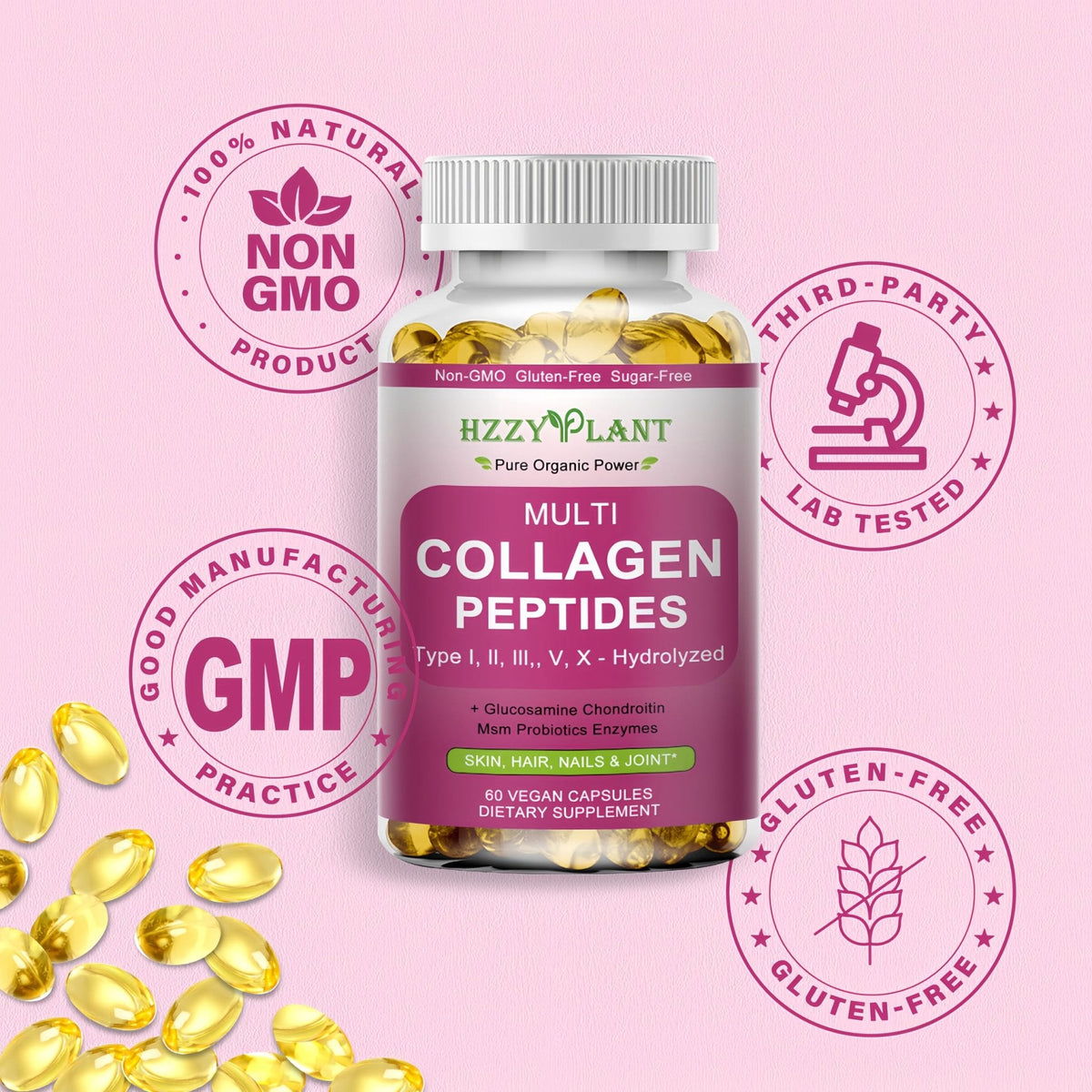 Multi Collagen Peptides Softgel - Type I, II, III, V, X - Hydrolyzed Collagen Peptides with Biotin Vitamin C Hyaluronic Acid for Women & Men, Supports Skin Hair Nail & Joint, Non-GMO, 60 Servings - PrimeBioHealth - canada supplements