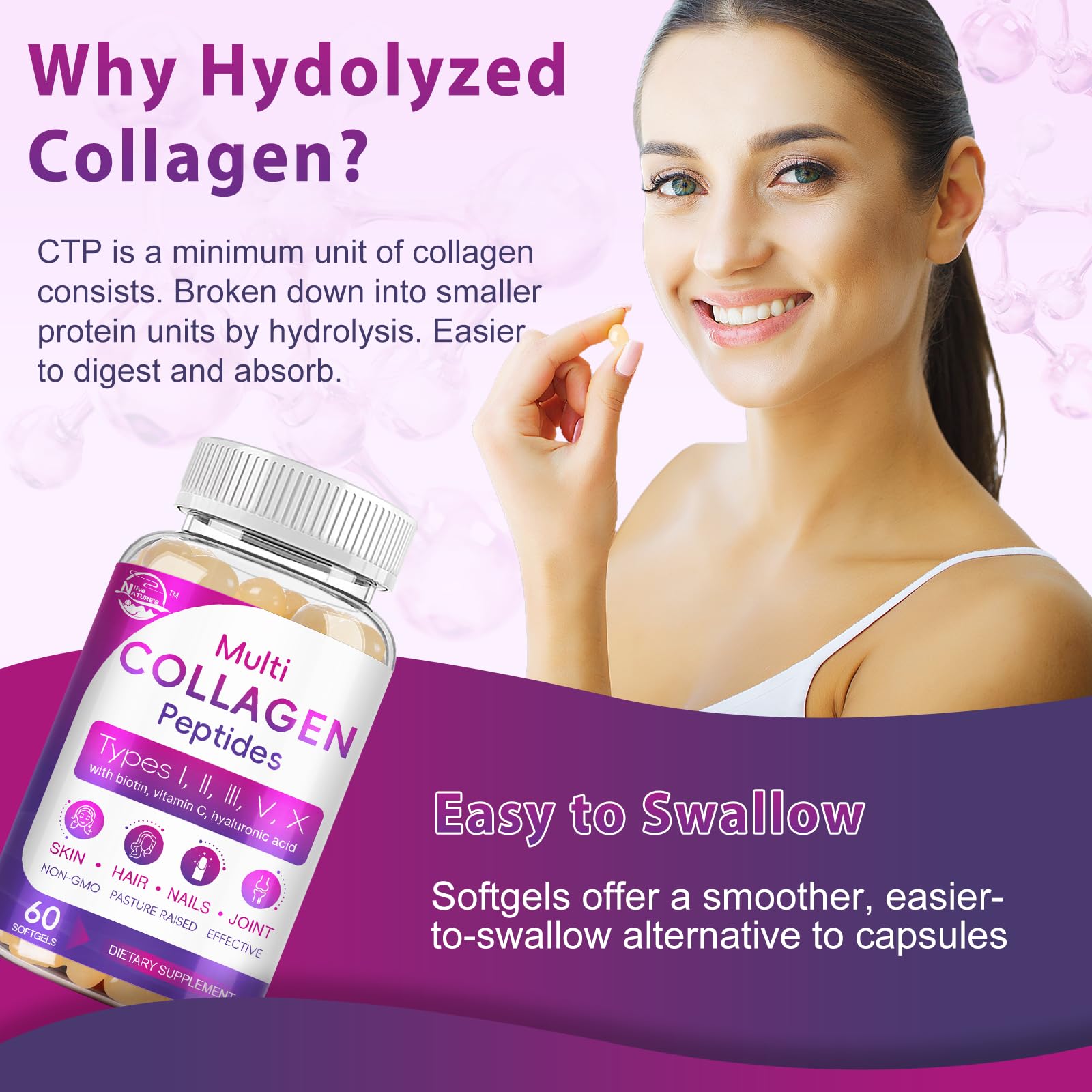 Multi Collagen Peptides Softgel - Type I, II, III, V, X - Hydrolyzed Collagen Peptides with Biotin, Vitamin C, Hyaluronic Acid, Supports Skin Hair Nail - PrimeBioHealth - canada supplements