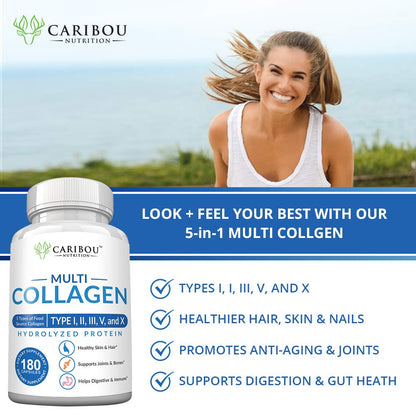 Multi Collagen Pills - 180 Collagen Pills - Type I, II, III, V & X Collagen Capsules - Unique Blend of Collagen Peptides Capsules - Wild Fish, Eggshell, - PrimeBioHealth - canada supplements