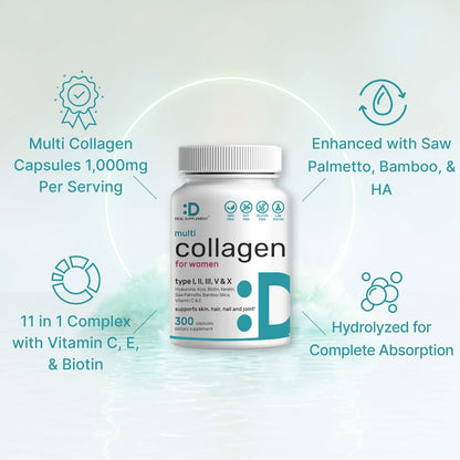 Multi Collagen Pills for Women & Men with Vitamin C, E & Biotin, 300 Capsules – Type I, II, III, V, X Hydrolyzed Collagen Peptides – 11 in 1 Formula with Saw Palmetto, Bamboo Silica, & Hyaluronic Acid - PrimeBioHealth - canada supplements