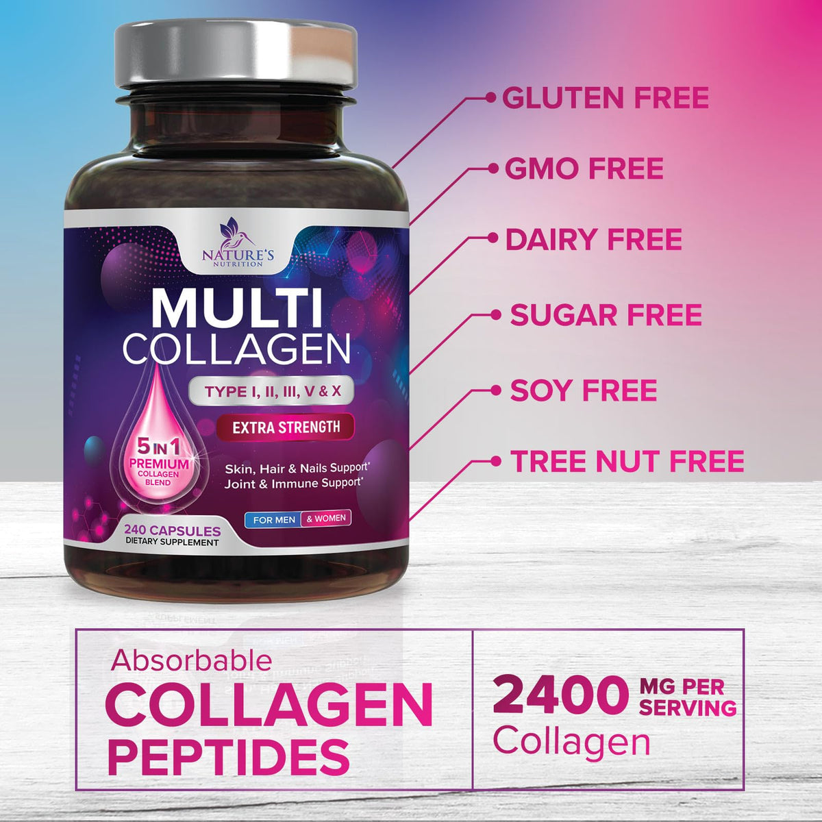 Multi Collagen Pills - Multi Collagen Complex 2400 mg Per Serving - Types I, II, III, V, X - Hydrolyzed Collagen Peptides Supplement - Hair, Skin & Nail Support - PrimeBioHealth - canada supplements