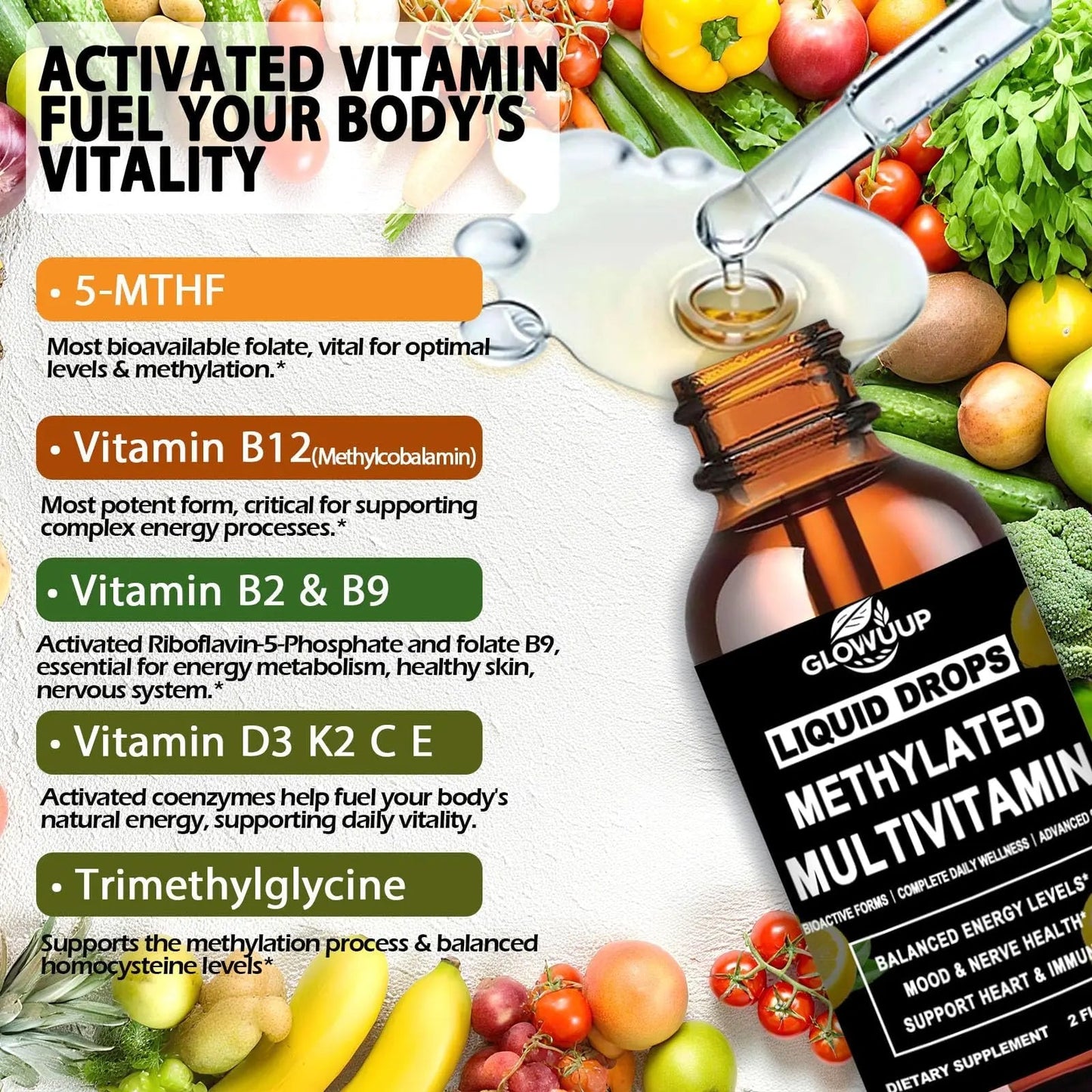 Multivitamin for Women & Men, Methylated Multivitamins & Multiminerals liquid Drops with Methylfolate B12 B2 Vitamin C E D3 K2 - PrimeBioHealth - canada supplements