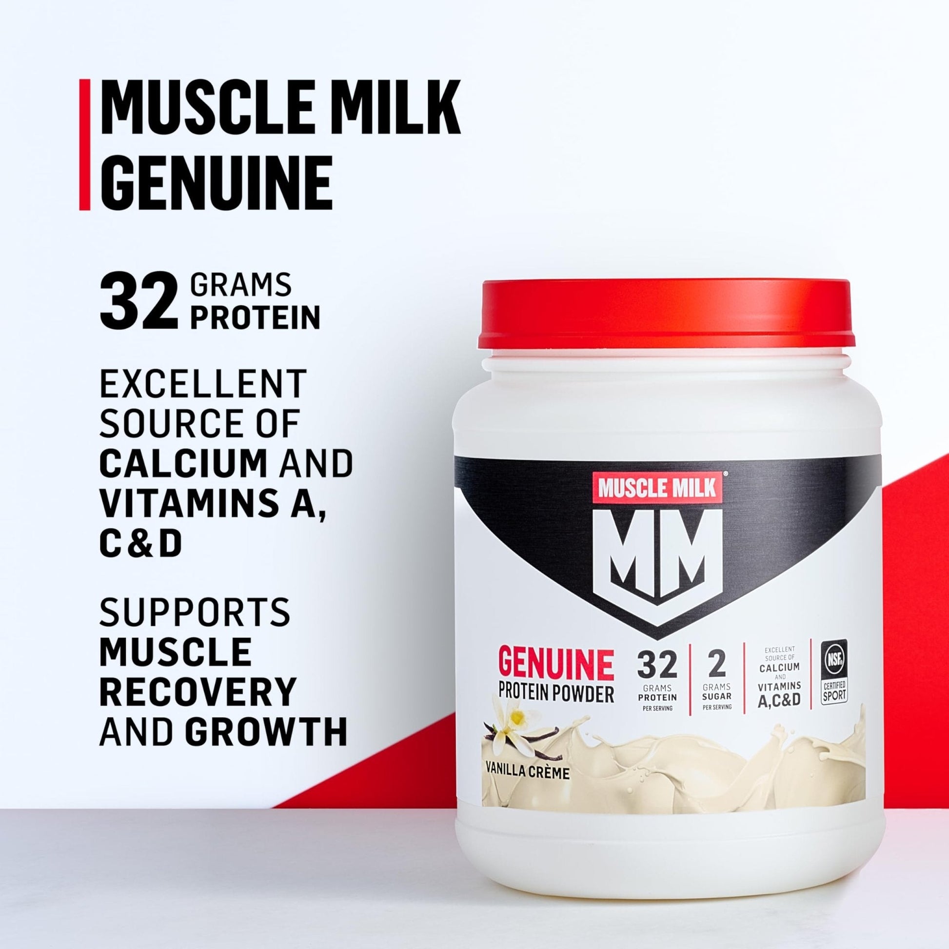 Muscle Milk Genuine Protein Powder, Vanilla Crème, 1.93 Pounds, 12 Servings, 32g Protein, 2g Sugar, Calcium, Vitamins A, C & D, NSF Certified for Sport, Energizing Snack, Packaging May Vary - PrimeBioHealth - canada supplements