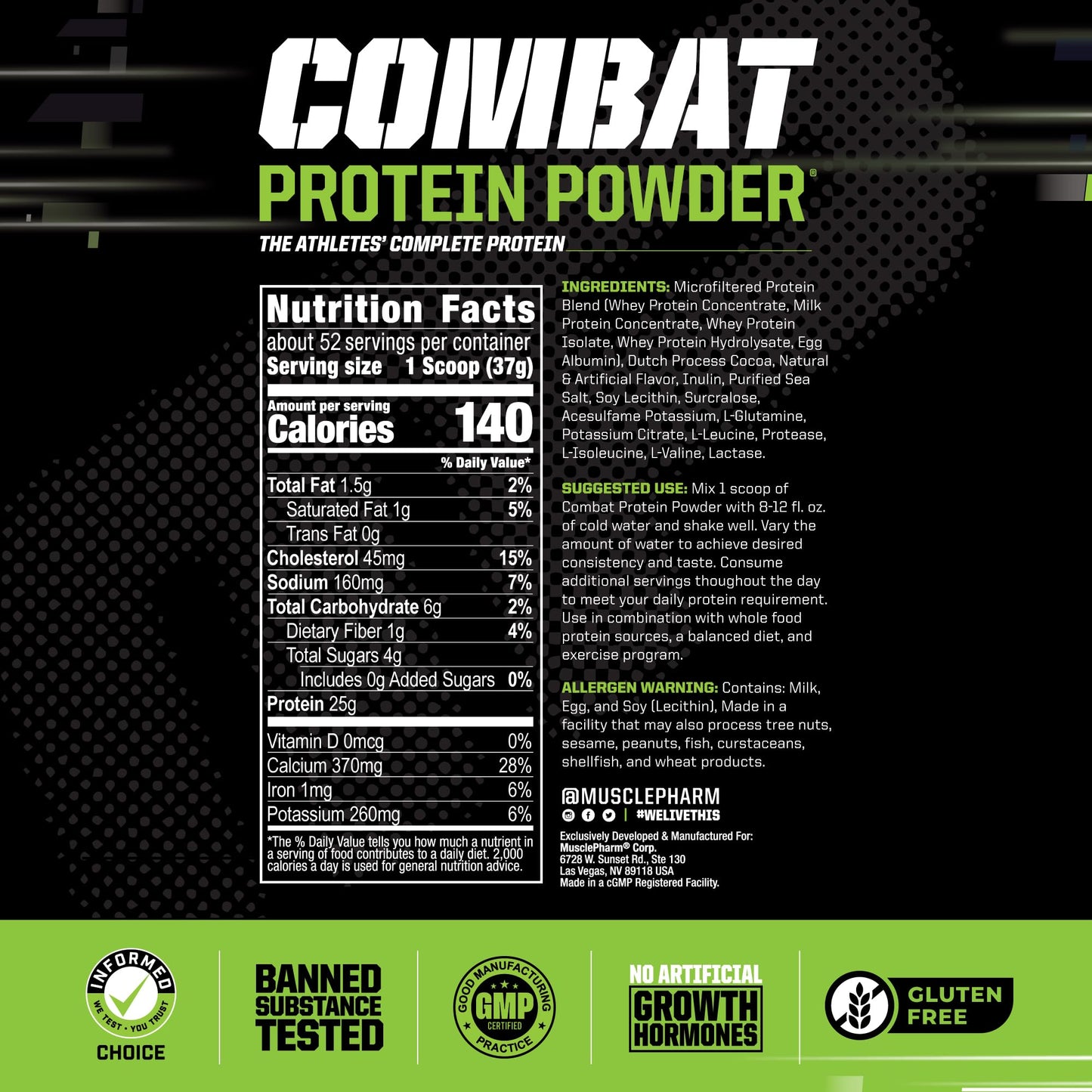 MusclePharm Combat Protein Powder, Chocolate Milk Flavor, Fuels Muscles for Productive Workouts, 5 Protein Sources including Whey Protein Isolate & Egg Albumin, Gluten Free, 4.2 lb, 52 Servings - PrimeBioHealth - canada supplements