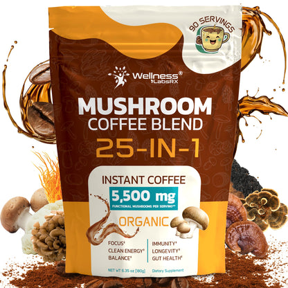Mushroom Coffee Organic Instant Coffee, 25-in-1, Third-Party Tested Keto Friendly Lions Mane Supplement with Functional Mushrooms – Shiitake, Reishi, Lion’s Mane & More | Smooth, Rich Flavor - 90 Servings - PrimeBioHealth - canada supplements