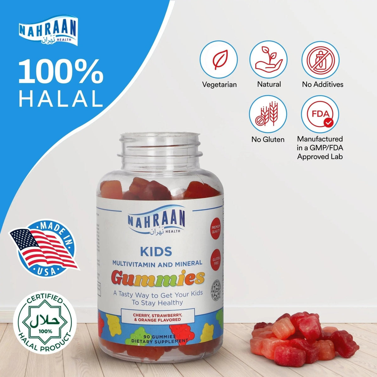 NAHRAAN HEALTH Halal Vitamins for Kids - Halal Multivitamins for Kids Vitamin A, C, D, E, B6, B12 - Non-GMO Vegetarian, Halal Gummies - 90 Count - PrimeBioHealth - canada supplements