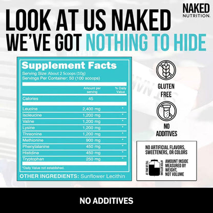 NAKED EAAs Amino Acids Powder - 50 Servings - Vegan Unflavored Essential Amino Acids 500 Grams - Instantized All Natural EAAs Powder Supplement - PrimeBioHealth - canada supplements