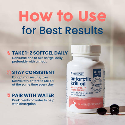 NativePath Antarctic Krill Oil - Wild-Caught Omega 3 Krill Oil 500mg Softgels with EPA, DHA and Astaxanthin - Supplement for Joint, Hear - PrimeBioHealth - canada supplements