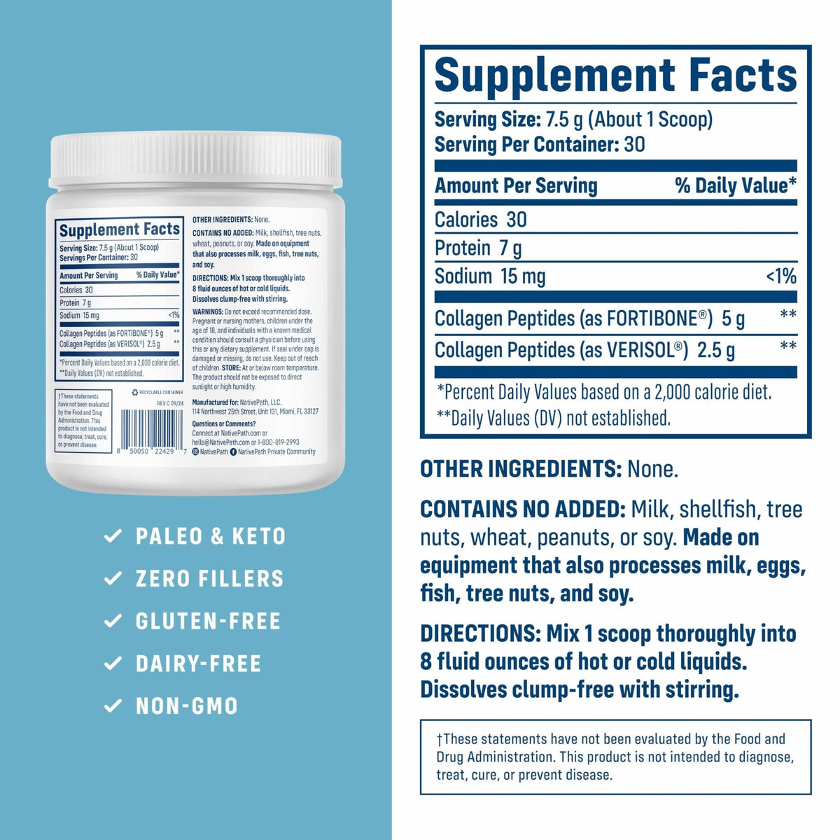 NativePath Bone Health Collagen Peptides, Type 1 & 3, with Fortibone and Verisol, 7.9 Ounce, 30 Servings - PrimeBioHealth - canada supplements