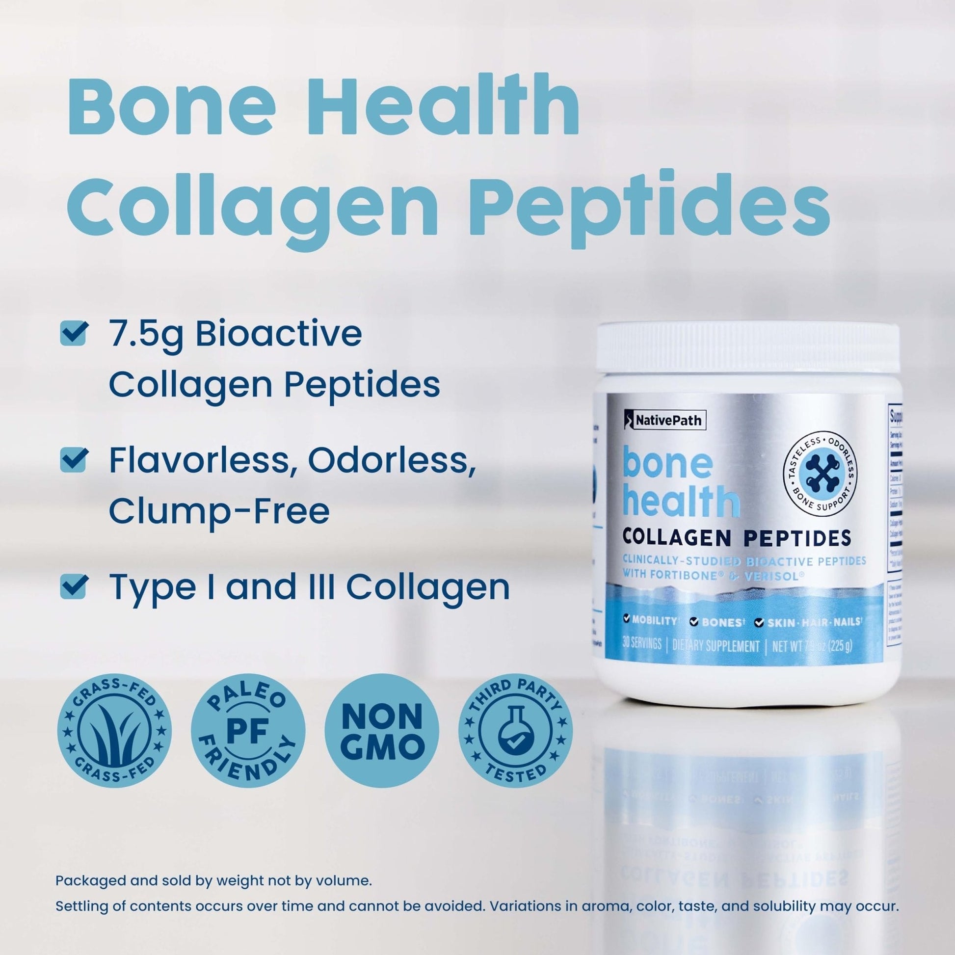 NativePath Bone Health Collagen Peptides, Type 1 & 3, with Fortibone and Verisol, 7.9 Ounce, 30 Servings - PrimeBioHealth - canada supplements