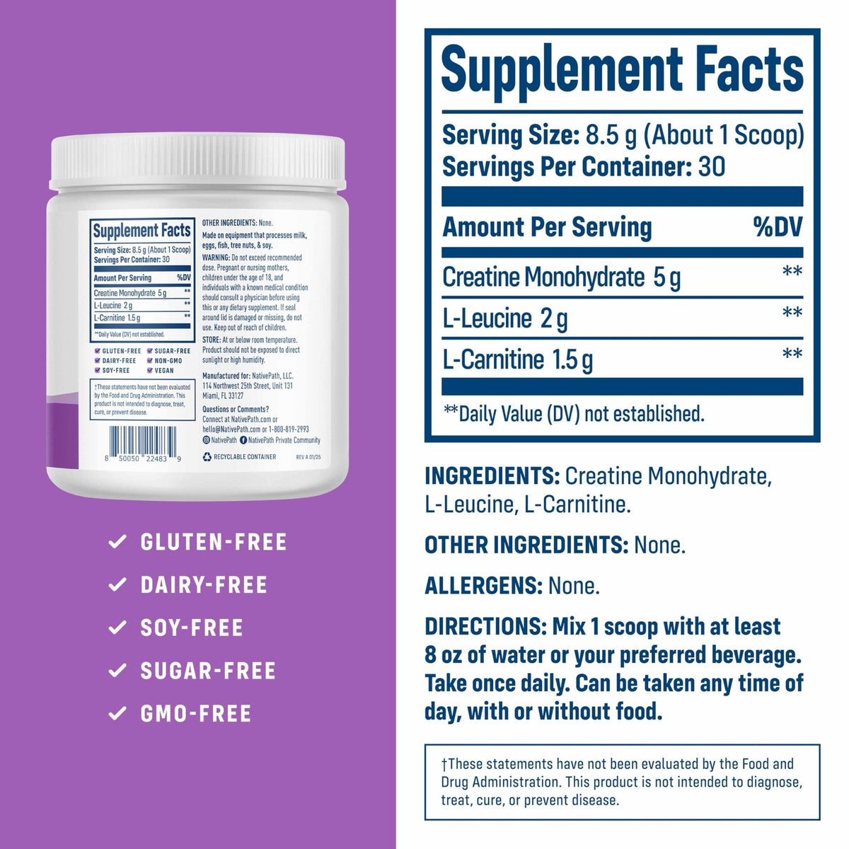 NativePath Creatine Monohydrate Powder with L-Leucine & L-Carnitine - Supports Muscle Health for Men & Women - 30 Servings - PrimeBioHealth - canada supplements