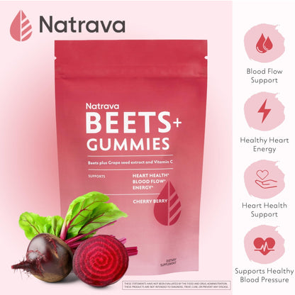 Natrava Beets+ Gummies - Premium Beet Root Powder, Grape Seed Extract and Vitamin C - Supports Healthy Blood Pressure and Heart Health - Low Sugar Nitric Oxide and Circulation Supplement - 50 Gummies - PrimeBioHealth - canada supplements