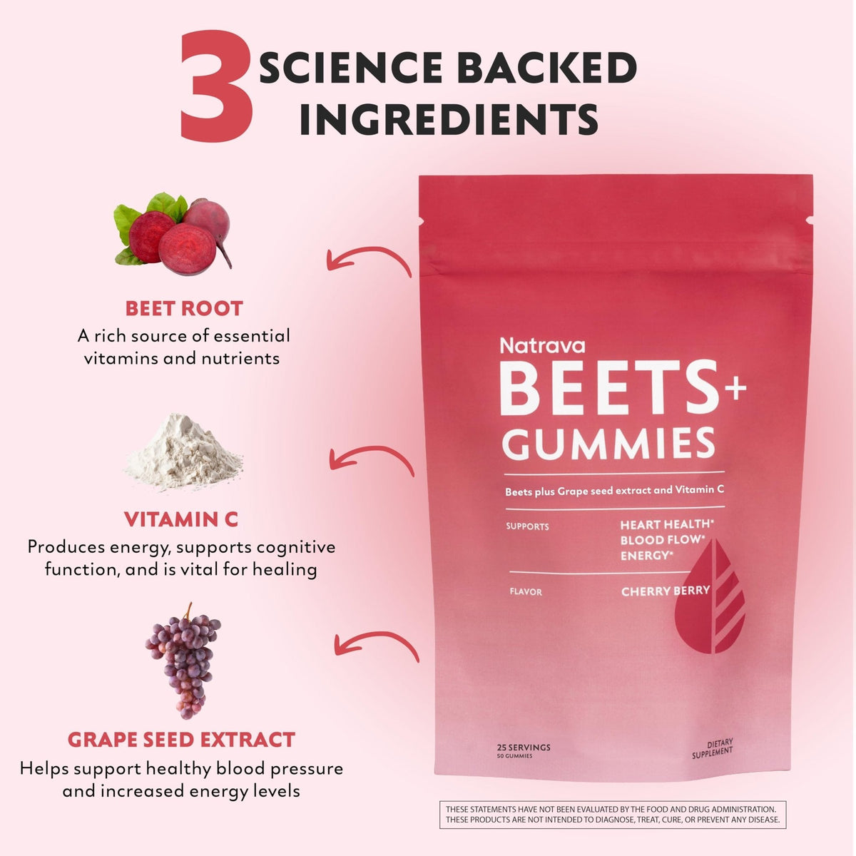 Natrava Beets+ Gummies - Premium Beet Root Powder, Grape Seed Extract and Vitamin C - Supports Healthy Blood Pressure and Heart Health - Low Sugar Nitric Oxide and Circulation Supplement - 50 Gummies - PrimeBioHealth - canada supplements