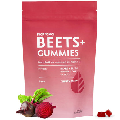 Natrava Beets+ Gummies - Premium Beet Root Powder, Grape Seed Extract and Vitamin C - Supports Healthy Blood Pressure and Heart Health - Low Sugar Nitric Oxide and Circulation Supplement - 50 Gummies - PrimeBioHealth - canada supplements