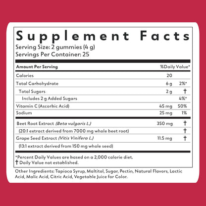 Natrava Beets+ Gummies - Premium Beet Root Powder, Grape Seed Extract and Vitamin C - Supports Healthy Blood Pressure and Heart Health - Low Sugar Nitric Oxide and Circulation Supplement - 50 Gummies - PrimeBioHealth - canada supplements