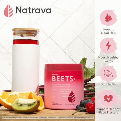 Natrava Beets+ Organic Beet Root Powder Blend Fortified with Vitamins & Prebiotics for Heart Healthy Energy & Nitric Oxide Production - PrimeBioHealth - canada supplements