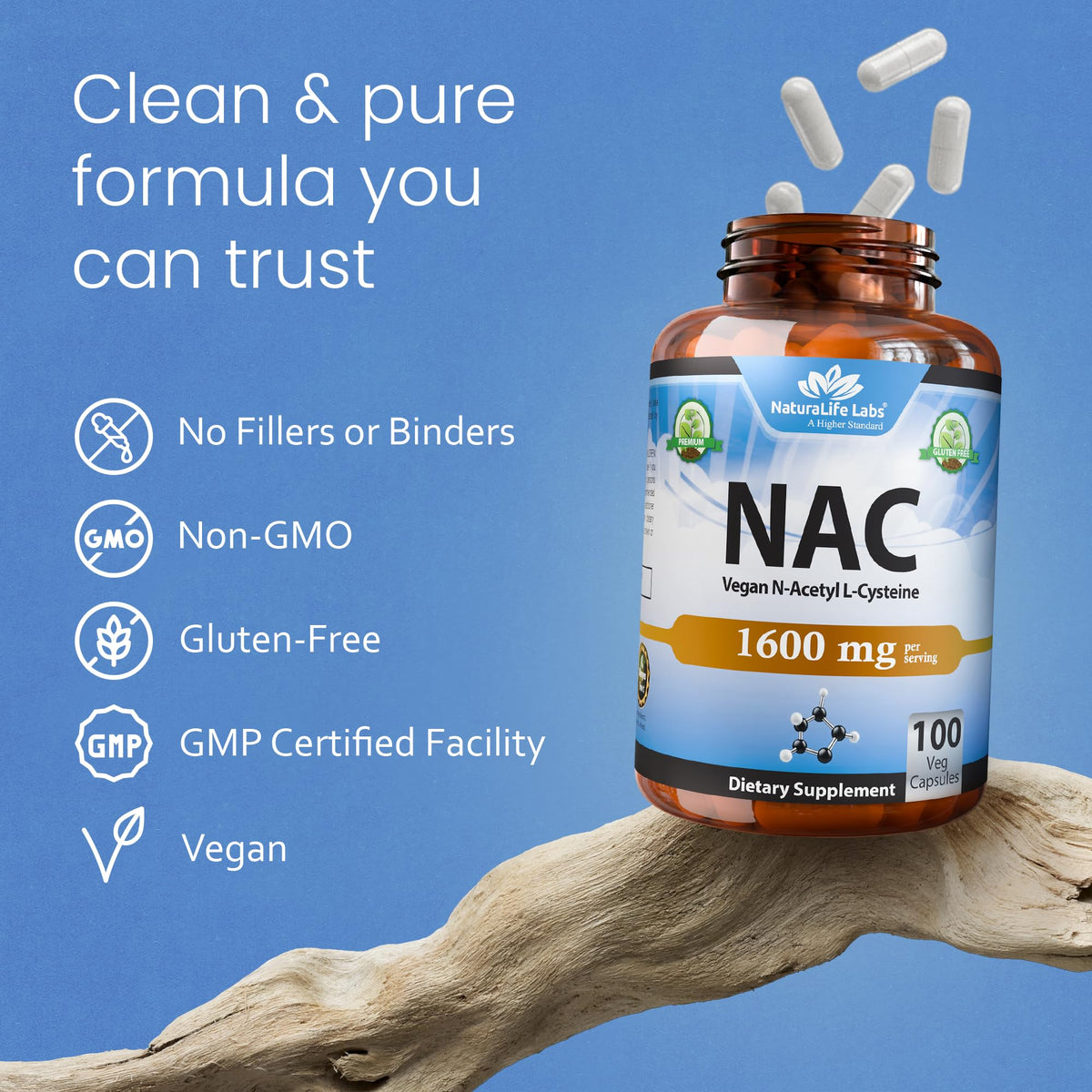 NaturaLife Labs N-Acetyl-L-Cysteine (NAC) 1600 mg – 100 Capsules - Vegan, Non-GMO & Gluten-Free - PrimeBioHealth - canada supplements