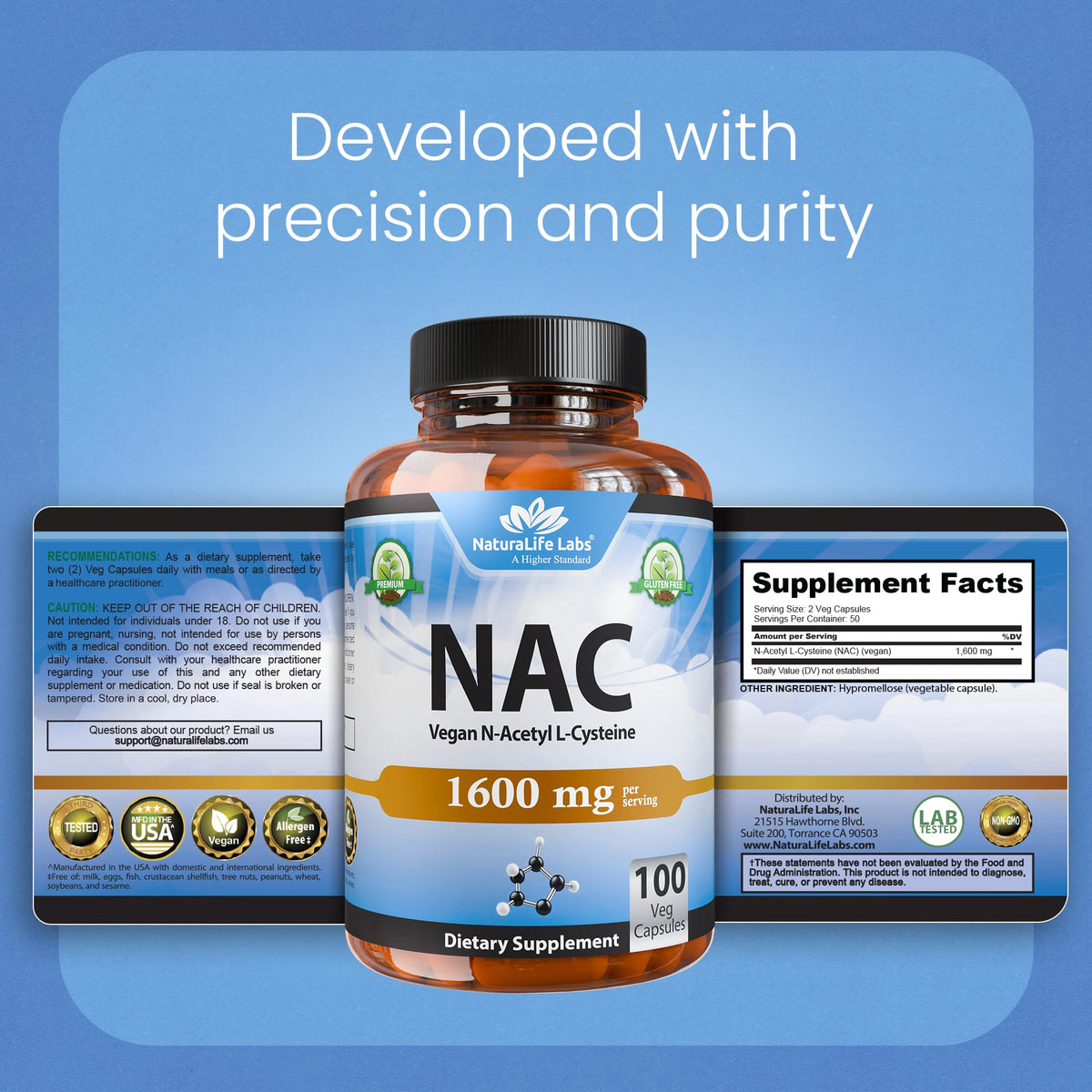 NaturaLife Labs N-Acetyl-L-Cysteine (NAC) 1600 mg – 100 Capsules - Vegan, Non-GMO & Gluten-Free - PrimeBioHealth - canada supplements