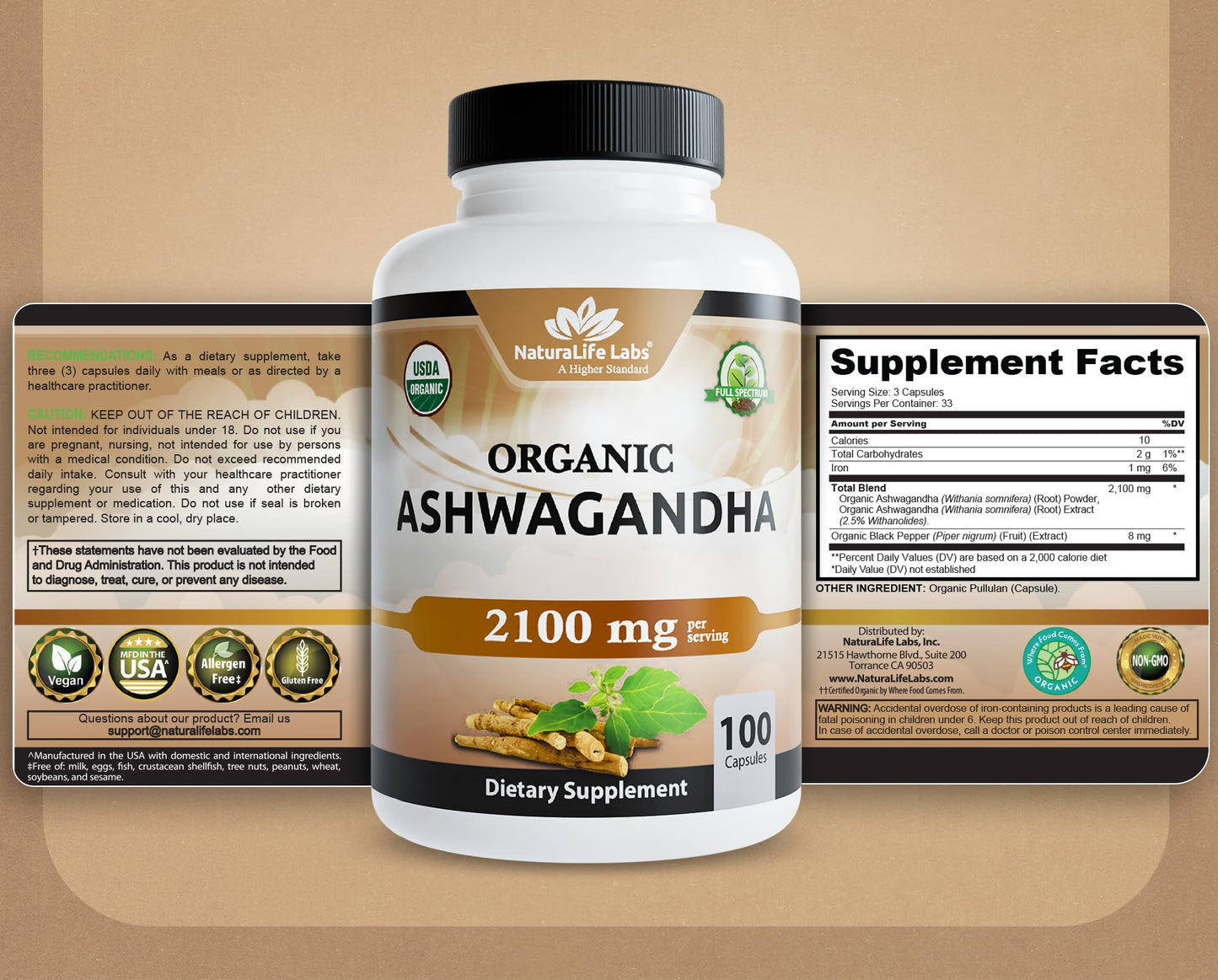 NaturaLife Labs Organic Ashwagandha 2100 mg per Serving – Herbal Supplement Root Powder & Extract – 100 Capsules – Vegan, Non-GMO, Gluten-Free - PrimeBioHealth - canada supplements