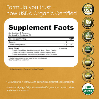 NaturaLife Labs Organic Maca Root – Black, Red & Yellow – 1900 mg per Serving – 150 Capsules – Gelatinized Peruvian Maca - PrimeBioHealth - canada supplements