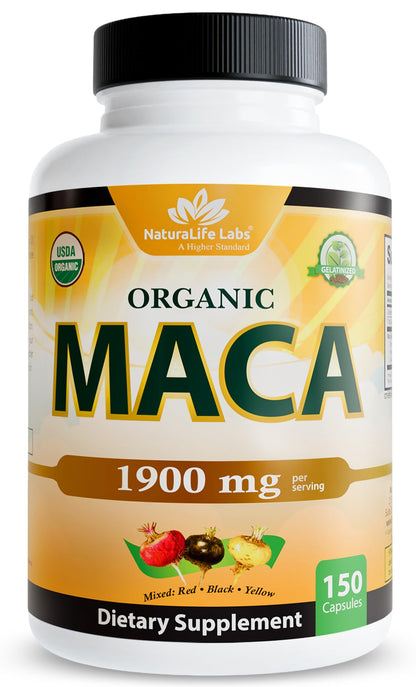 NaturaLife Labs Organic Maca Root – Black, Red & Yellow – 1900 mg per Serving – 150 Capsules – Gelatinized Peruvian Maca - PrimeBioHealth - canada supplements