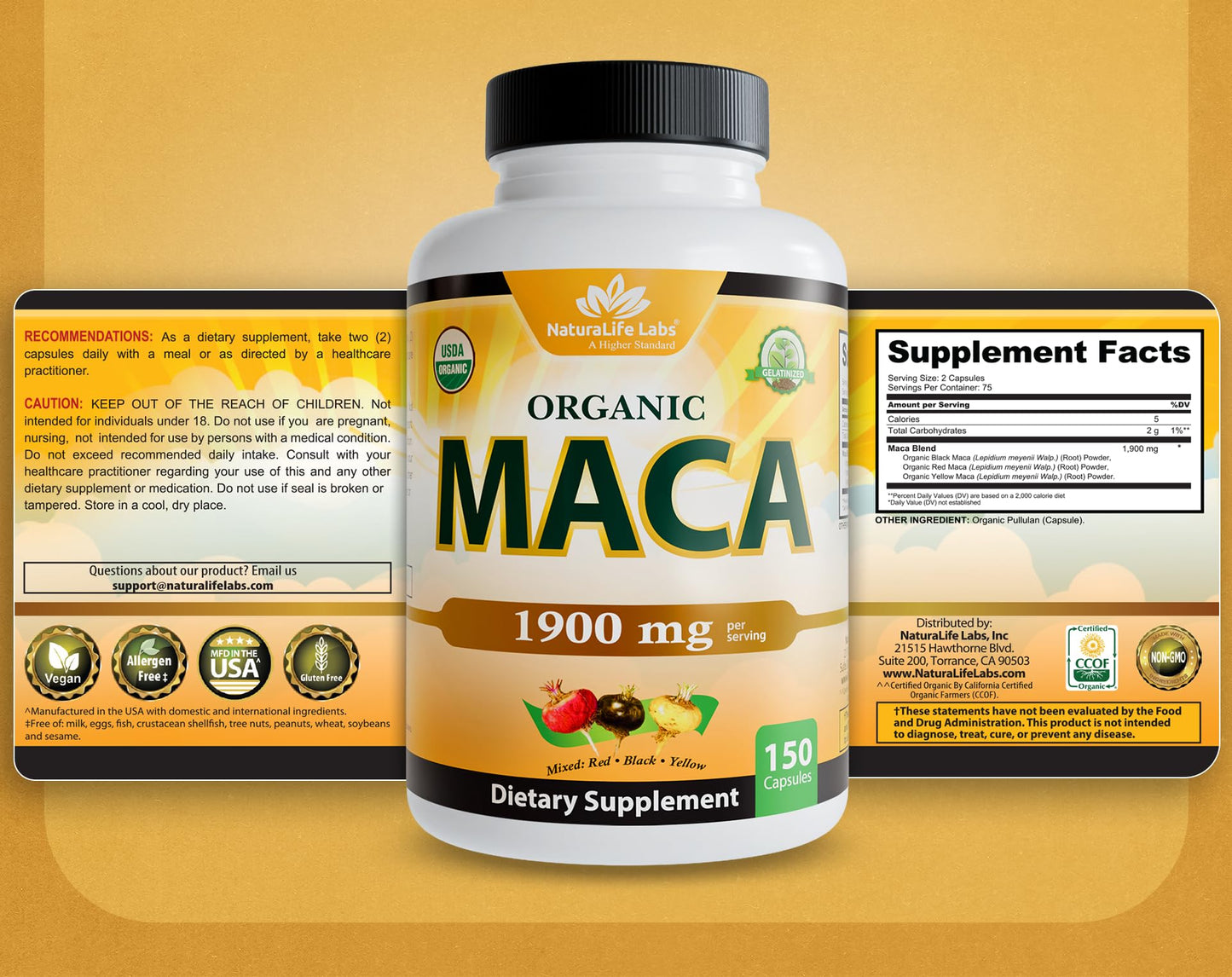 NaturaLife Labs Organic Maca Root – Black, Red & Yellow – 1900 mg per Serving – 150 Capsules – Gelatinized Peruvian Maca - PrimeBioHealth - canada supplements