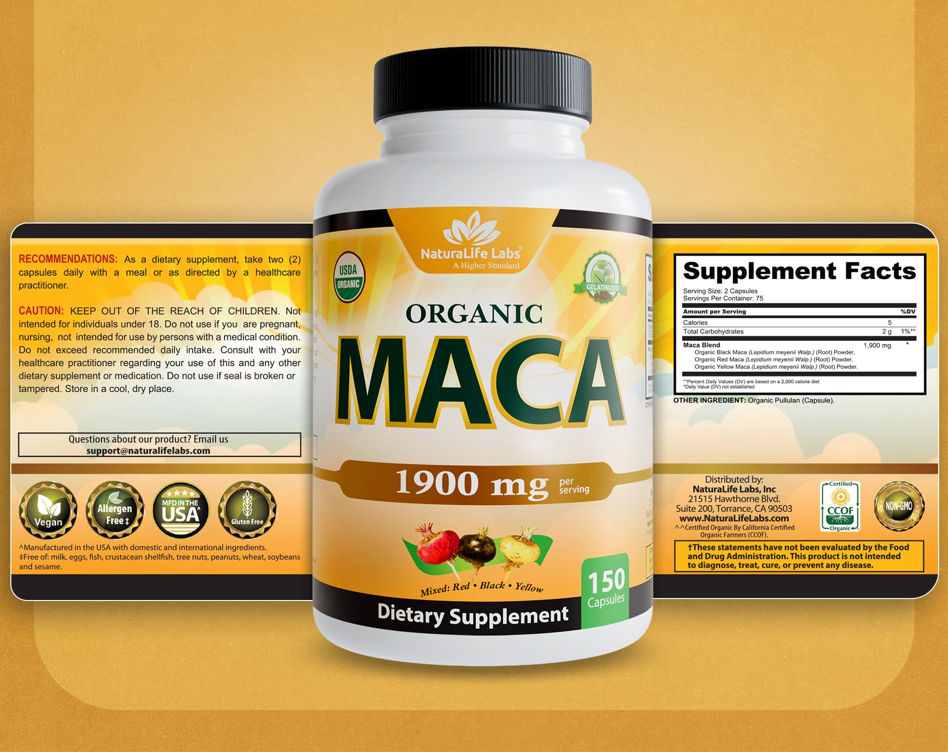 NaturaLife Labs Organic Maca Root – Black, Red & Yellow – 1900 mg per Serving – 150 Capsules – Gelatinized Peruvian Maca - PrimeBioHealth - canada supplements