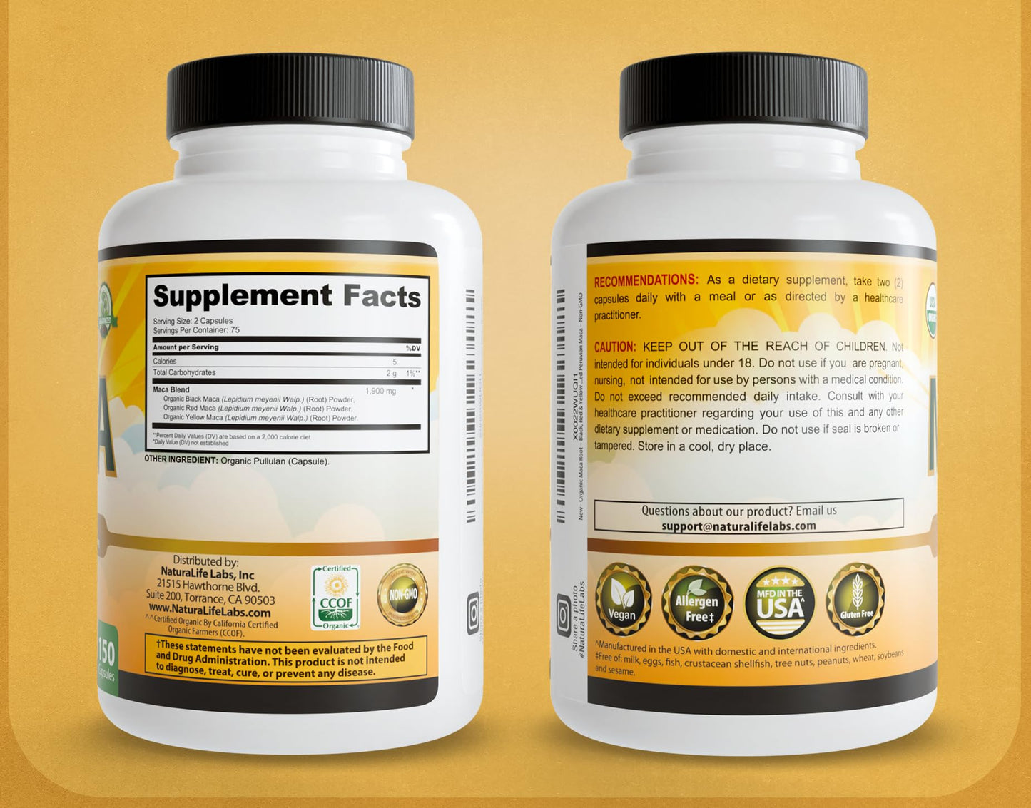 NaturaLife Labs Organic Maca Root – Black, Red & Yellow – 1900 mg per Serving – 150 Capsules – Gelatinized Peruvian Maca - PrimeBioHealth - canada supplements