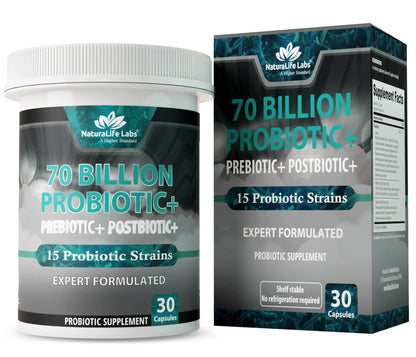 NaturaLife Labs Probiotics 70 Billion CFU – 15 Strains with Organic Prebiotic & Postbiotic – 3-in-1 Formula – 30 Vegan Capsules - PrimeBioHealth - canada supplements