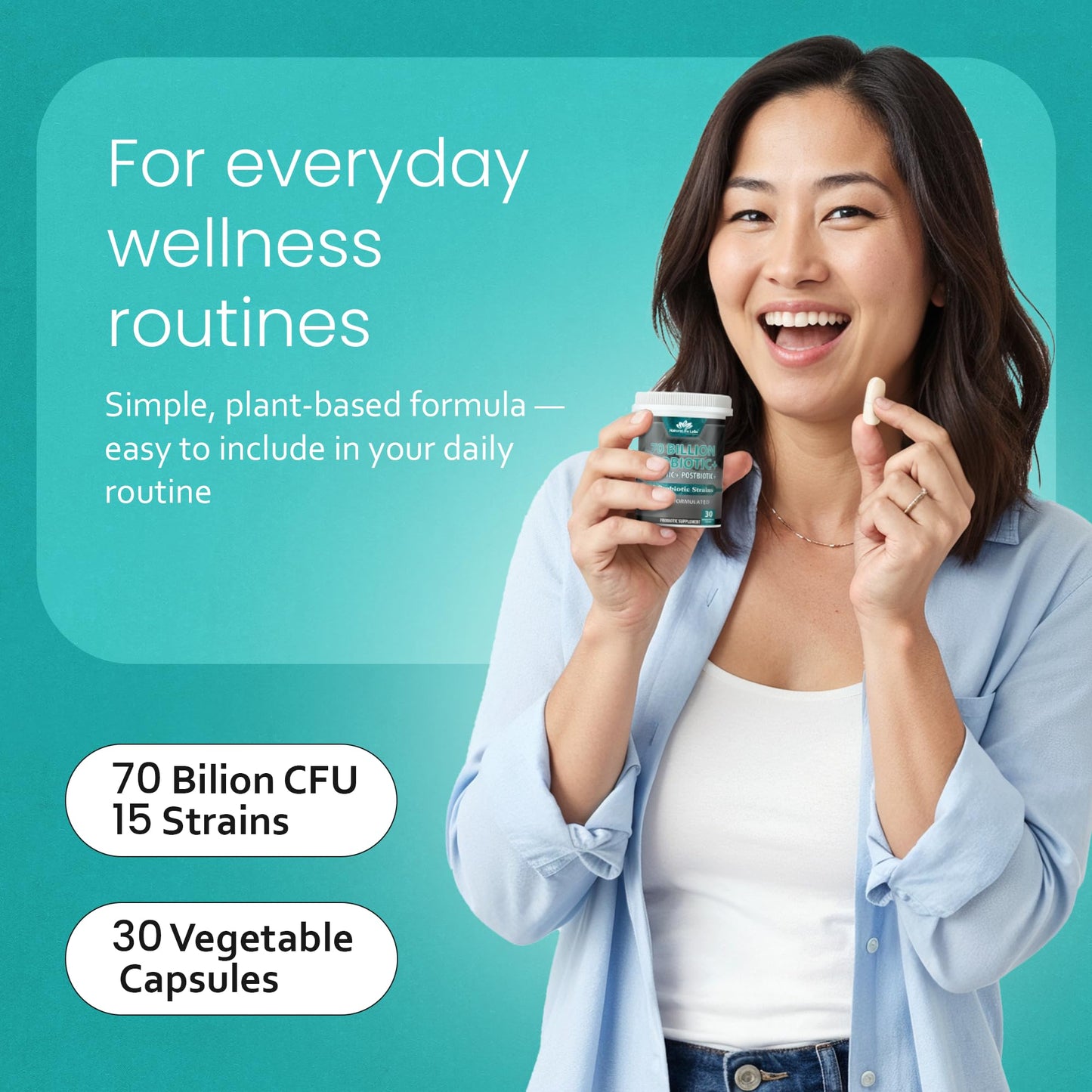 NaturaLife Labs Probiotics 70 Billion CFU – 15 Strains with Organic Prebiotic & Postbiotic – 3-in-1 Formula – 30 Vegan Capsules - PrimeBioHealth - canada supplements