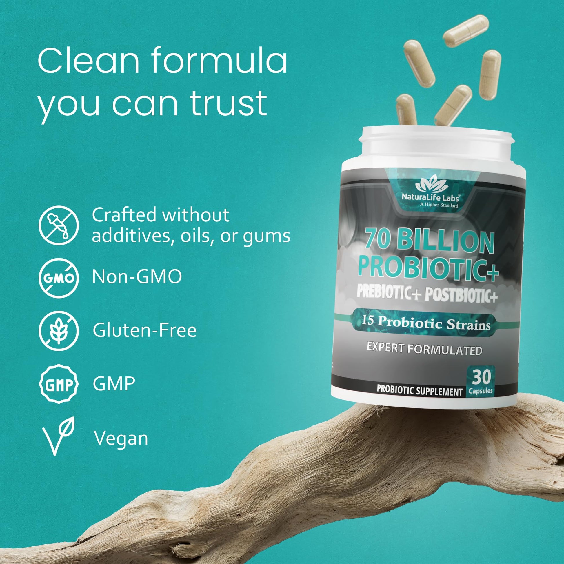NaturaLife Labs Probiotics 70 Billion CFU – 15 Strains with Organic Prebiotic & Postbiotic – 3-in-1 Formula – 30 Vegan Capsules - PrimeBioHealth - canada supplements