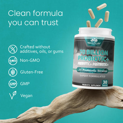 NaturaLife Labs Probiotics 70 Billion CFU – 15 Strains with Organic Prebiotic & Postbiotic – 3-in-1 Formula – 30 Vegan Capsules - PrimeBioHealth - canada supplements