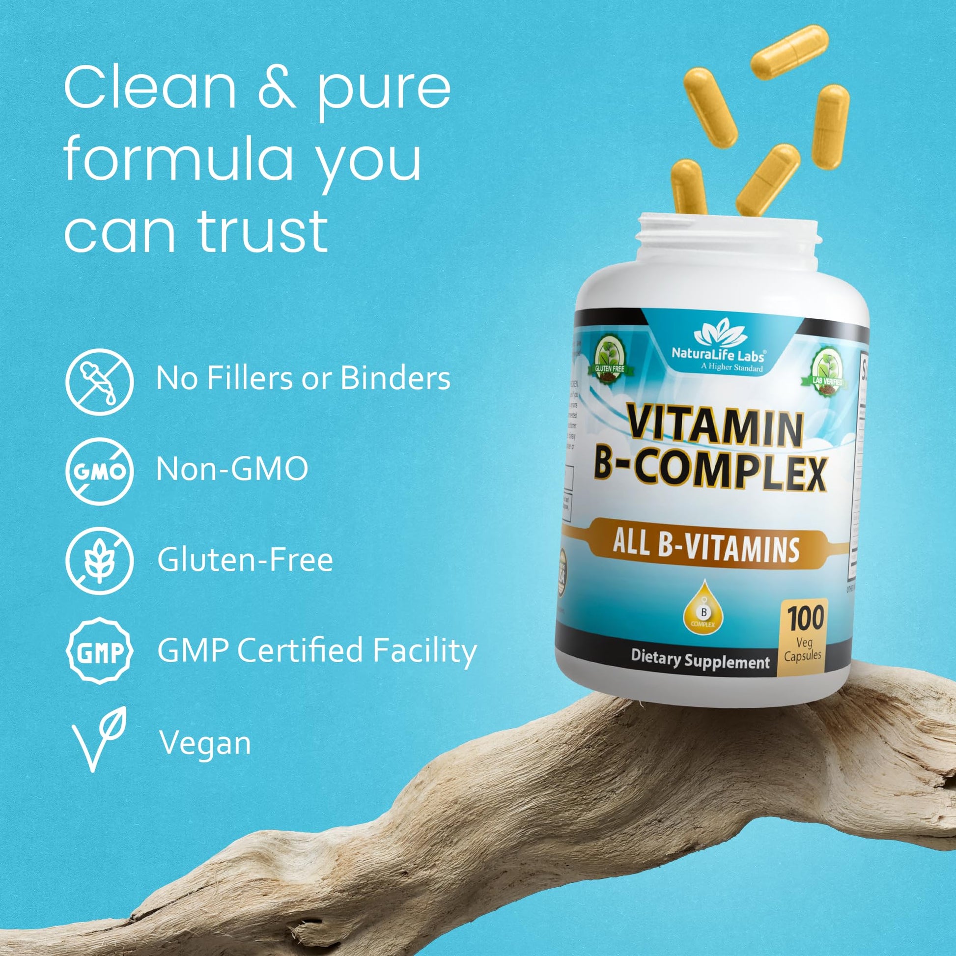 NaturaLife Labs Vitamin B Complex – All B Vitamins Including Active B2, B6, B9 & B12 (Methylcobalamin), Plus B1, B3, B5, B7 & Vitamin C – 100 Capsules - PrimeBioHealth - canada supplements