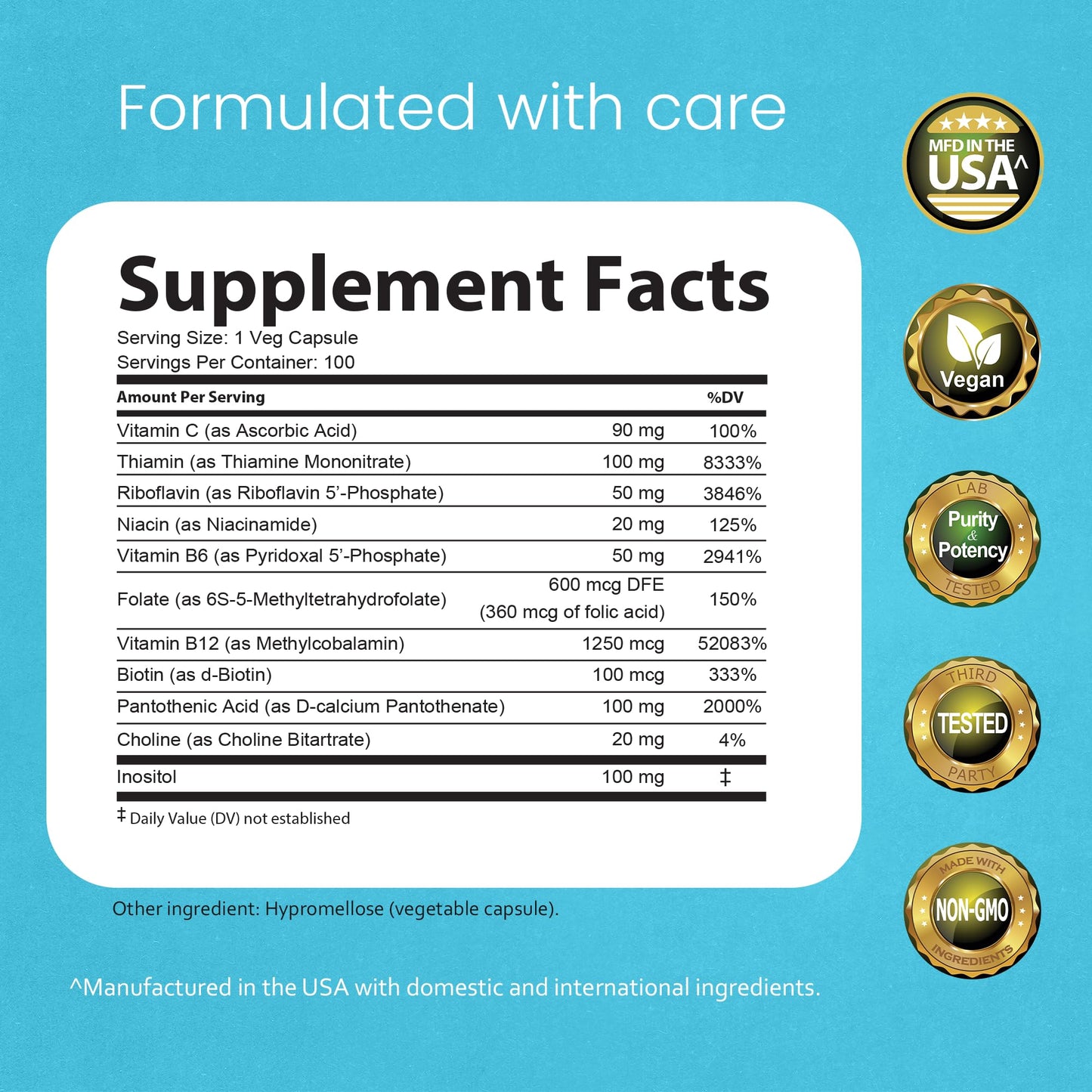 NaturaLife Labs Vitamin B Complex – All B Vitamins Including Active B2, B6, B9 & B12 (Methylcobalamin), Plus B1, B3, B5, B7 & Vitamin C – 100 Capsules - PrimeBioHealth - canada supplements