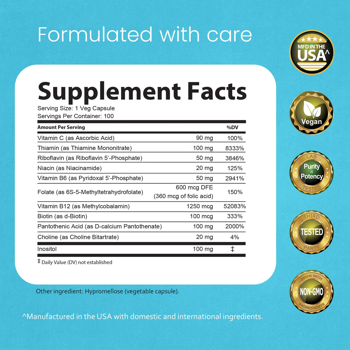 NaturaLife Labs Vitamin B Complex – All B Vitamins Including Active B2, B6, B9 & B12 (Methylcobalamin), Plus B1, B3, B5, B7 & Vitamin C – 100 Capsules - PrimeBioHealth - canada supplements