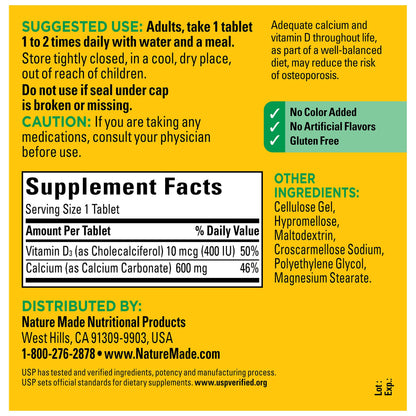 Nature Made Calcium 600 mg with Vitamin D3, Dietary Supplement for Bone Support, 220 Tablets - PrimeBioHealth - canada supplements