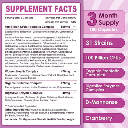 NATURE TARGET Probiotics for Women, 100 Billion CFUs Probiotic with Digestive Enzymes & Prebiotics, Vaginal Probiotics with Cranberry for Urinary Tract Health, - PrimeBioHealth - canada supplements