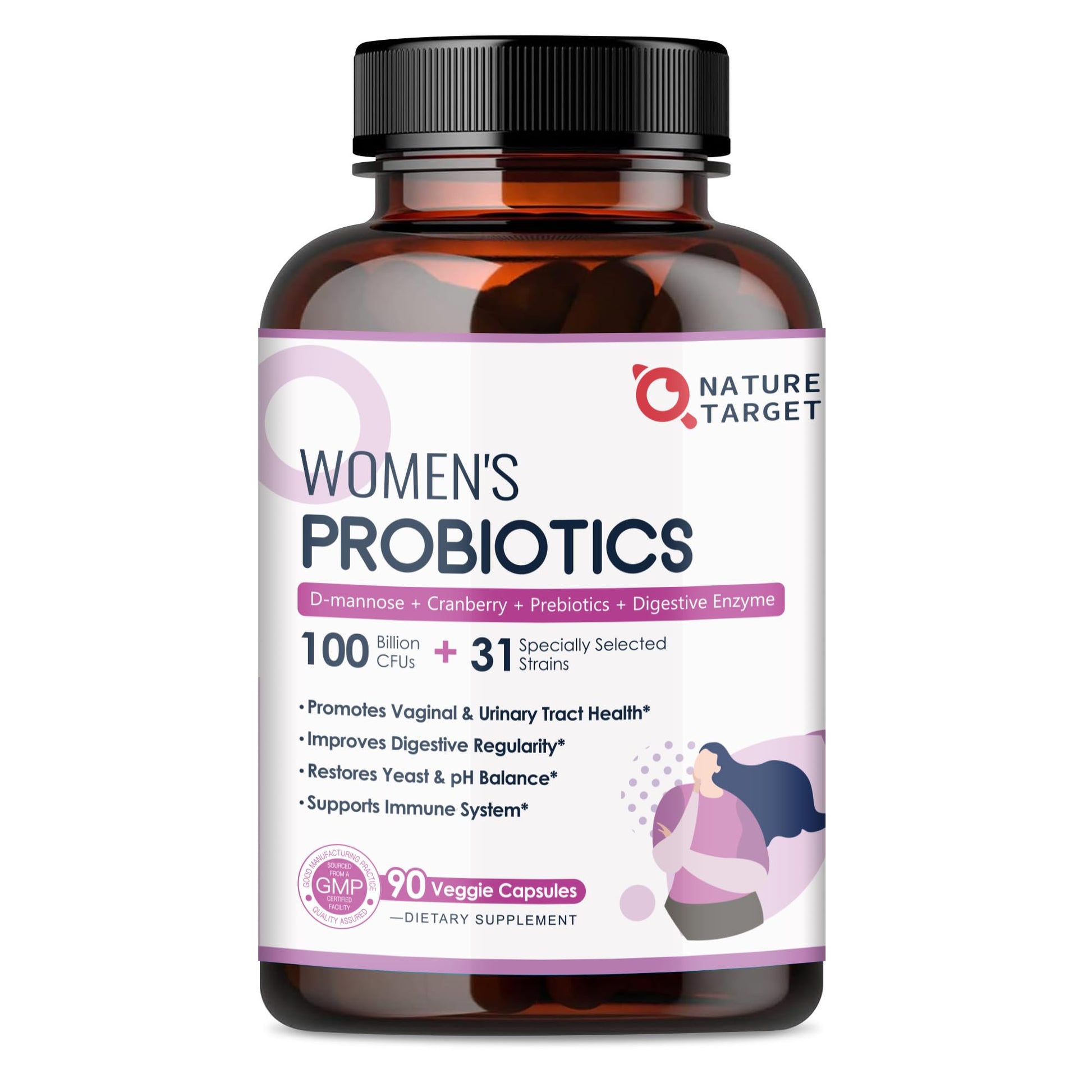 NATURE TARGET Probiotics for Women, 100 Billion CFUs Probiotic with Digestive Enzymes & Prebiotics, Vaginal Probiotics with Cranberry for Urinary Tract Health - PrimeBioHealth - canada supplements