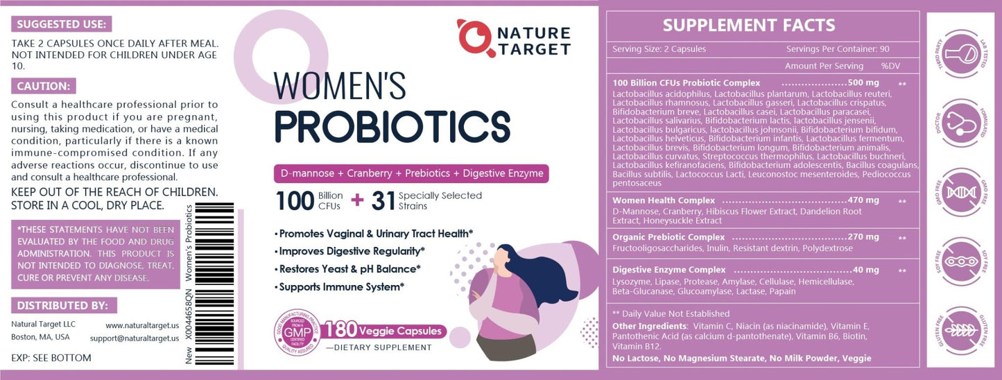 NATURE TARGET Probiotics for Women, 100 Billion CFUs Probiotic with Digestive Enzymes & Prebiotics, Vaginal Probiotics with Cranberry for Urinary Tract Health, - PrimeBioHealth - canada supplements