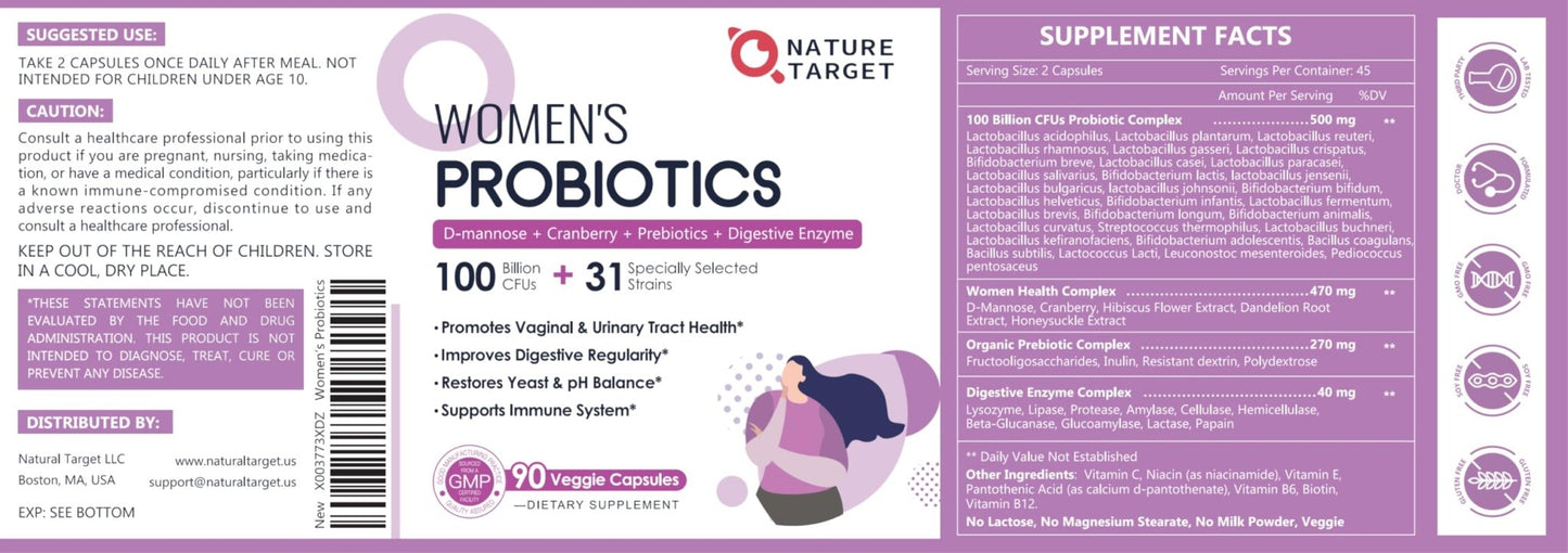 NATURE TARGET Probiotics for Women, 100 Billion CFUs Probiotic with Digestive Enzymes & Prebiotics, Vaginal Probiotics with Cranberry for Urinary Tract Health - PrimeBioHealth - canada supplements