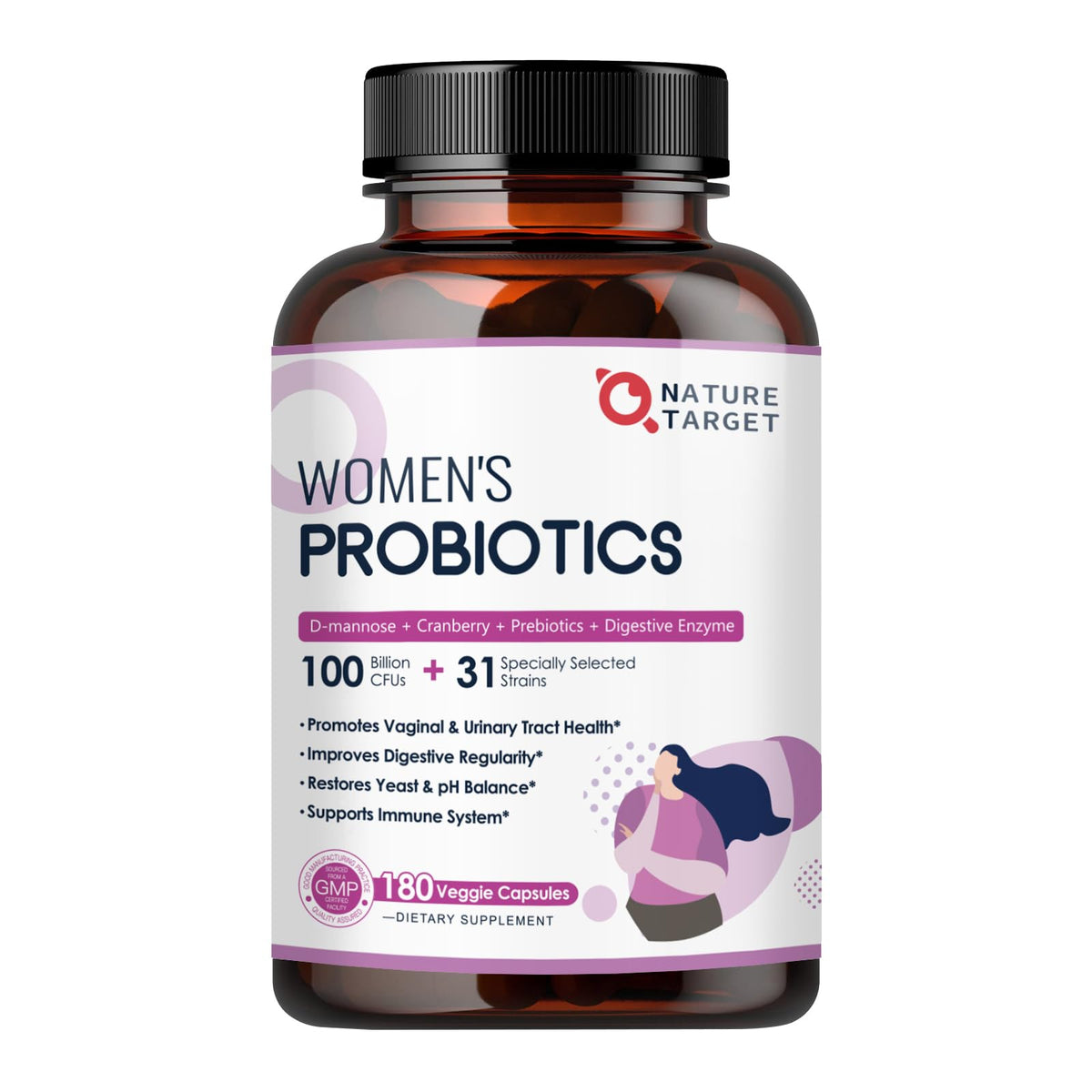 NATURE TARGET Probiotics for Women, 100 Billion CFUs Probiotic with Digestive Enzymes & Prebiotics, Vaginal Probiotics with Cranberry for Urinary Tract Health, - PrimeBioHealth - canada supplements