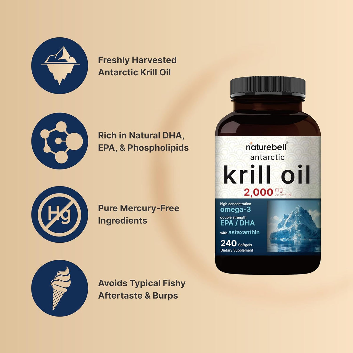 NatureBell Antarctic Krill Oil 2000mg Supplement, 240 Softgels, 3X Strength Natural Source of Omega-3s, EPA 240mg + DHA 160mg + Astaxanthin 800mcg – No Fishy Aftertaste – Mercury Free & Non-GMO - PrimeBioHealth - canada supplements
