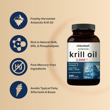 NatureBell Antarctic Krill Oil 2000mg Supplement, 240 Softgels, 3X Strength Natural Source of Omega-3s, EPA 240mg + DHA 160mg + Astaxanthin 800mcg – No Fishy Aftertaste – Mercury Free & Non-GMO - PrimeBioHealth - canada supplements