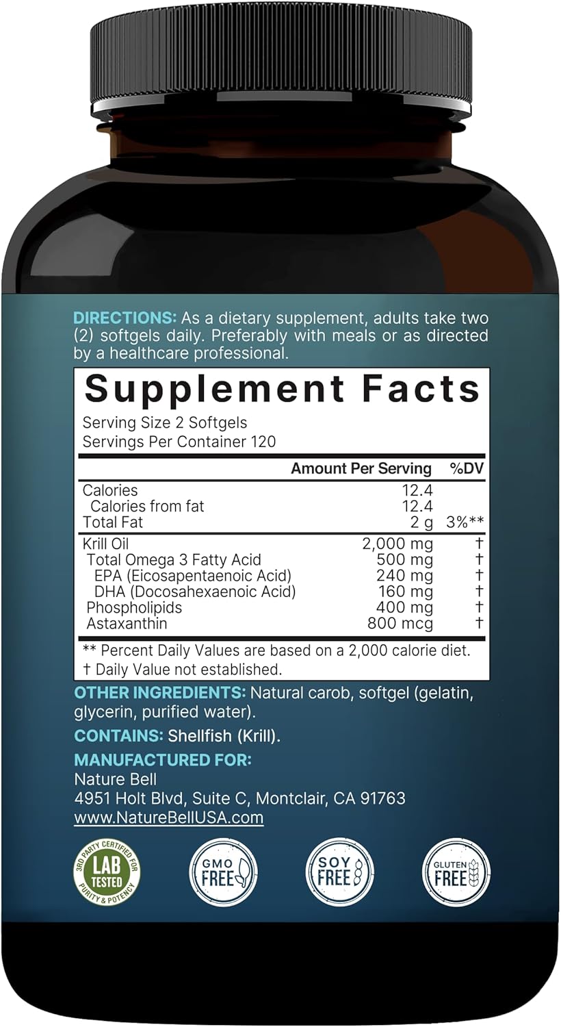 NatureBell Antarctic Krill Oil 2000mg Supplement, 240 Softgels, 3X Strength Natural Source of Omega-3s, EPA 240mg + DHA 160mg + Astaxanthin 800mcg – No Fishy Aftertaste – Mercury Free & Non-GMO - PrimeBioHealth - canada supplements
