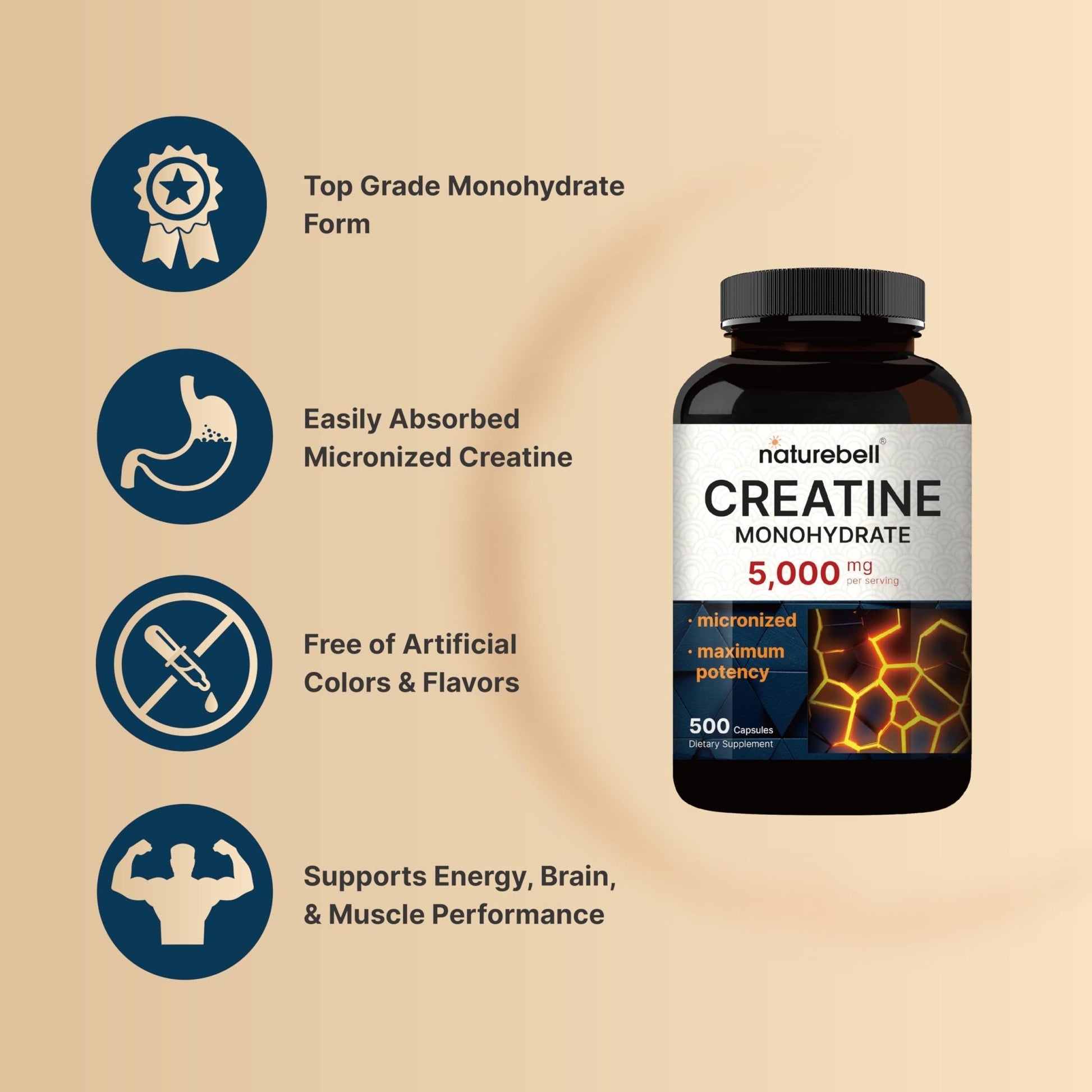 NatureBell Creatine Monohydrate Capsules 5,000mg Per Serving, 500 Count | Micronized, Unflavored Creatine Pills | Pre-Workout & Muscle Strength Support - PrimeBioHealth - canada supplements