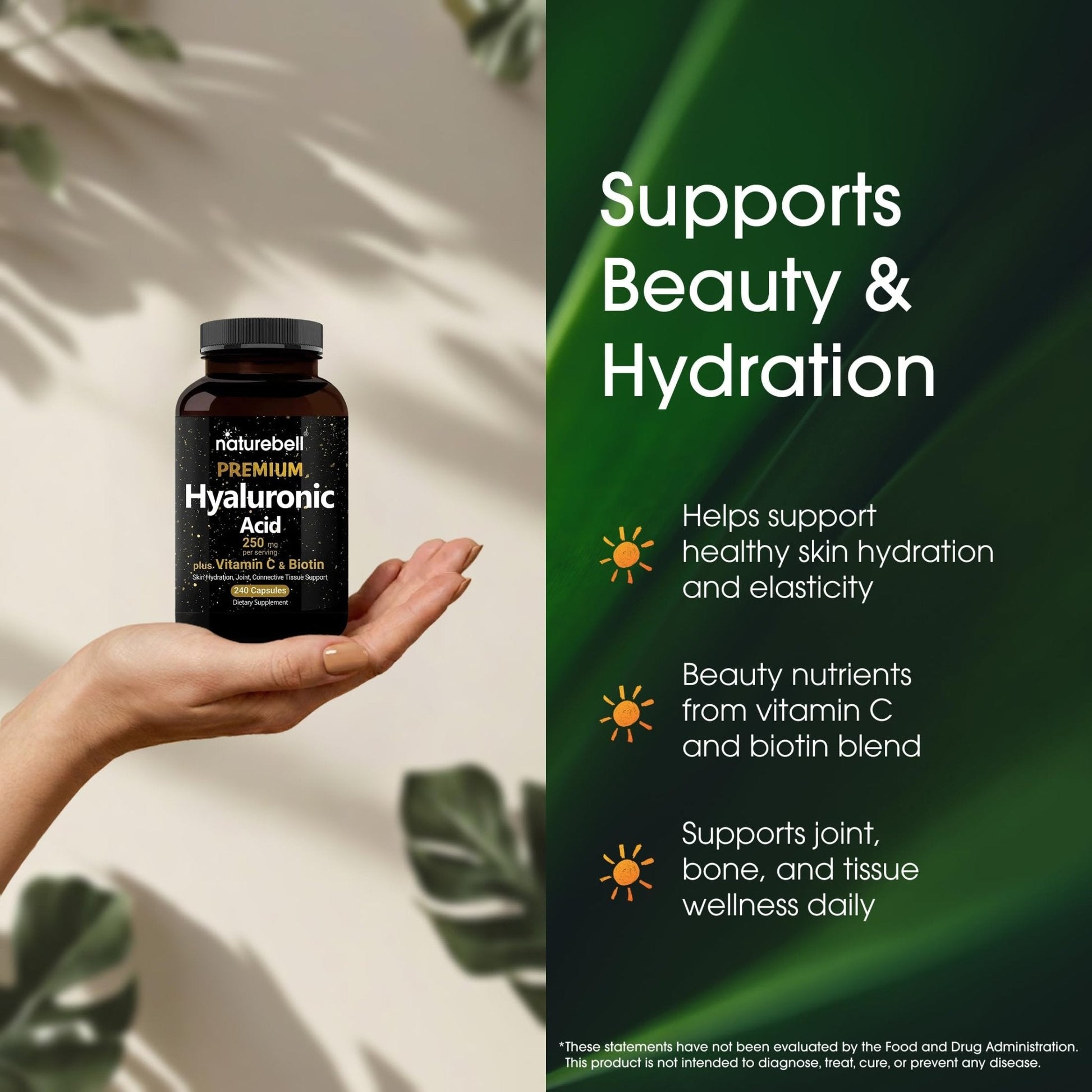 NatureBell Hyaluronic Acid 250mg - 240 Capsules - 250mg Hyaluronic Acid, 5000mcg Biotin & 25 mg Vitamin C - Supports Skin - PrimeBioHealth - canada supplements