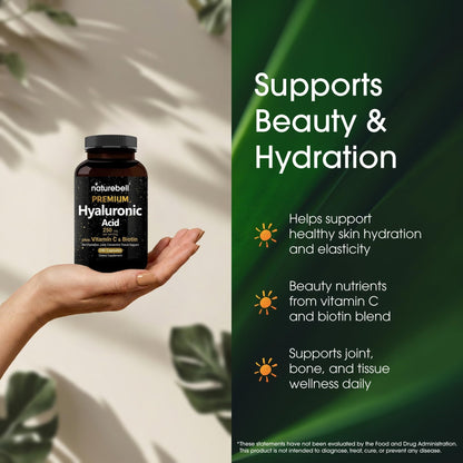 NatureBell Hyaluronic Acid 250mg - 240 Capsules - 250mg Hyaluronic Acid, 5000mcg Biotin & 25 mg Vitamin C - Supports Skin - PrimeBioHealth - canada supplements